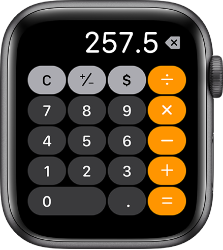 Apple Watch mostrando la app Calculadora. La pantalla muestra un teclado numérico con funciones matemáticas a la derecha. En la parte superior se encuentran los botones C, más, menos y de propina.