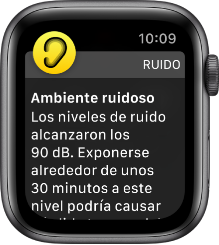 Una notificación de Ruido sobre un nivel de sonido de 90 decibeles. Debajo se muestra una advertencia sobre la exposición prolongada a este nivel de sonido.