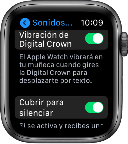 La pantalla "Vibración de Digital Crown" mostrando la vibración de la Digital Crown activada. El botón “Cubrir para silencia” se encuentra debajo.