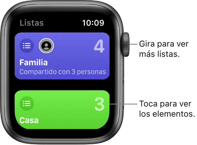 La pantalla Listas de la app Recordatorios mostrando dos botones de listas: Familia y Casa. Un nombre grande te indica cuántos recordatorios hay en cada lista. El botón Familia incluye las palabras “Compartido con 3 personas”. Toca una lista para ver sus elementos o gira la corona Digital Crown para ver más listas.