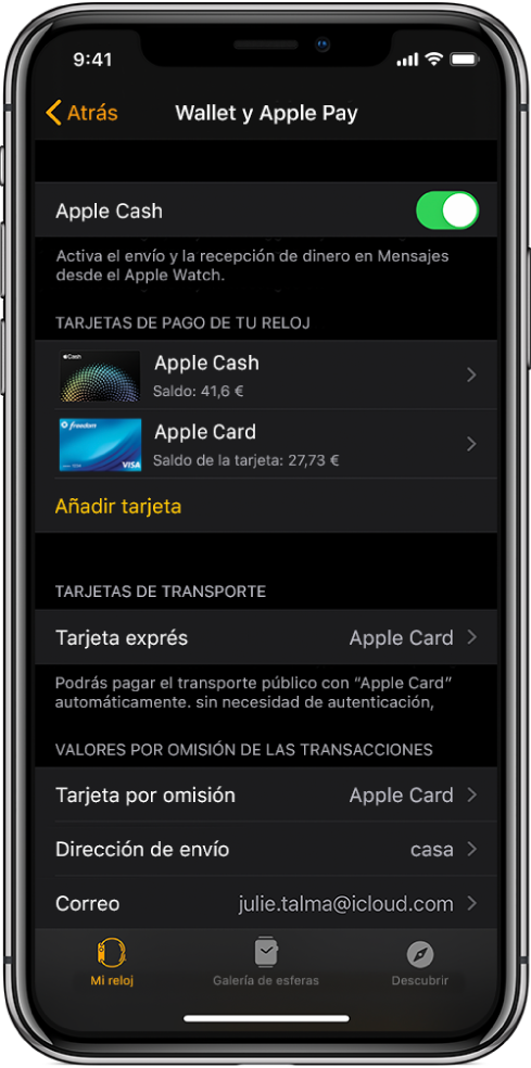 Pantalla de “Wallet y Apple Pay” en la app Apple Watch del iPhone. La pantalla muestra las tarjetas añadidas al Apple Watch, la tarjeta que has elegido usar como tarjeta exprés y los ajustes de transacción por omisión.