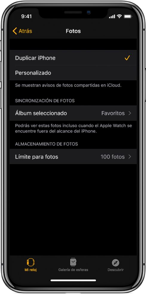 Ajustes de Fotos en la app Apple Watch del iPhone, con el ajuste “Sincronización de fotos” en el medio y el ajuste “Límite para fotos” debajo.