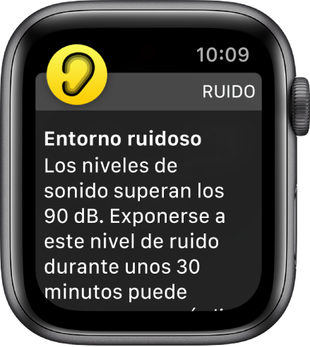 Una notificación de Ruido sobre un nivel de sonido de 90 decibelios. Debajo aparece un aviso sobre la exposición a largo plazo a este nivel de sonido.