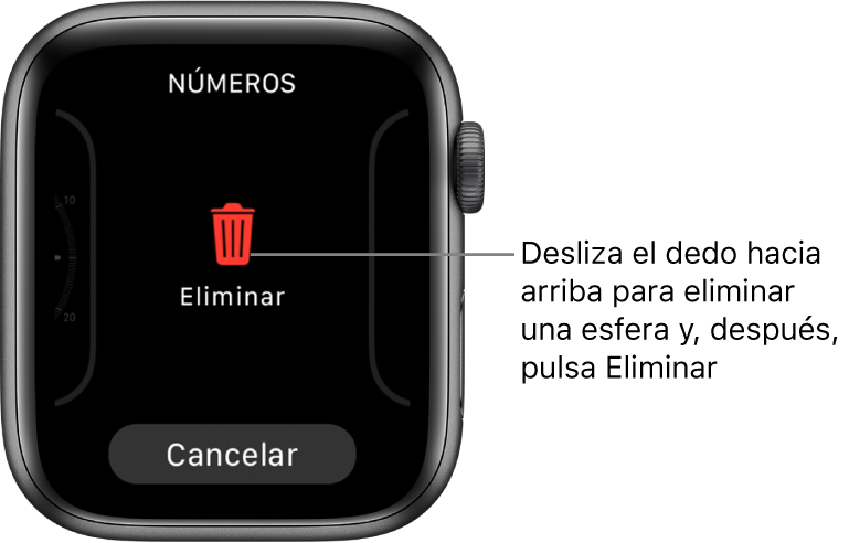 Pantalla del Apple Watch con los botones Eliminar y Cancelar, que aparecerán después de que deslices el dedo hasta una esfera y, a continuación, deslices el dedo hacia arriba en la misma para eliminarla.