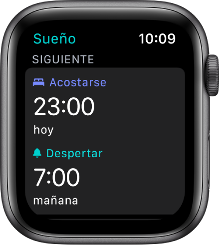 La pantalla Sueño con el horario de sueño nocturno. La hora de acostarse, cerca de la parte superior, está configurada a las 23:00. Debajo está la hora de despertarse, a las 7:00.