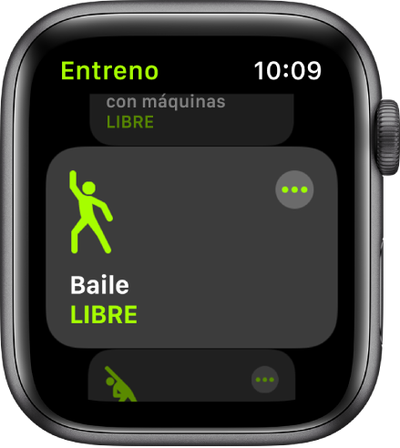 La pantalla Entreno, con el entreno Baile resaltado.