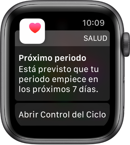 El Apple Watch, con una pantalla de la predicción del ciclo que dice “Próximo periodo. Está previsto que tu periodo empiece en los próximos 7 días”. Debajo aparece un botón que dice “Abrir Control del ciclo”.