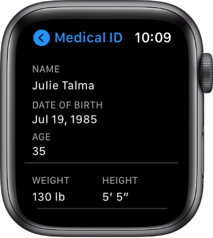 Kuva Medical ID koos kasutaja nimega, sünnikuupäevaga, vanusega, kaaluga ja pikkusega.