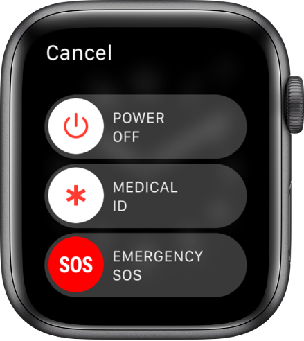 Apple Watchi kuva koos kolme liuguriga: Power Off, Medical ID ja Emergency SOS. Apple Watchi väljalülitamiseks lohistage liugurit Power Off.
