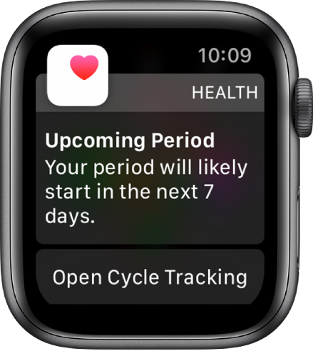 Apple Watch kuvab menstruaaltsükli ennustuskuva, milles on kirjas “Upcoming Period. Your period will likely start in the next 7 days”. Ekraani allservas kuvatakse nupp Open Cycle Tracking