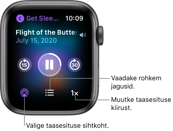 Podcasti kuva Now Playing, kus on toodud saate pealkiri, jao pealkiri, kuupäev, 15 sekundi võrra tagasi liikumise nupp, peatamise nupp, 30 sekundi võrra edasi liikumise nupp, nupp AirPlay, jagude nupp ning taasesituse kiiruse nupp.