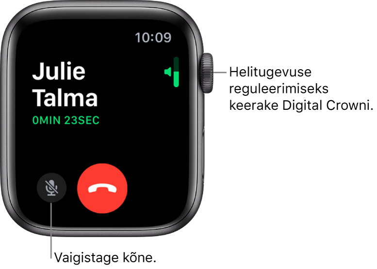 Saabuva kõne ajal kuvatakse ekraanil üleval paremal horisontaalne helitugevuse indikaator, all vasakul nupp Mute ning punane nupp Decline. Helistaja nime all kuvatakse kõne kestust.