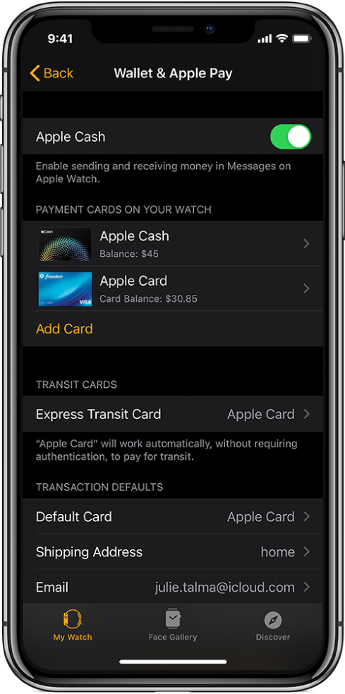 Rakenduse Wallet & Apple Pay kuva iPhone'i rakenduses Apple Watch. Ekraanil on Apple Watchi lisatud kaardid, funktsiooni Express Transit jaoks lisatud kaart ning tehingute vaikeseaded.