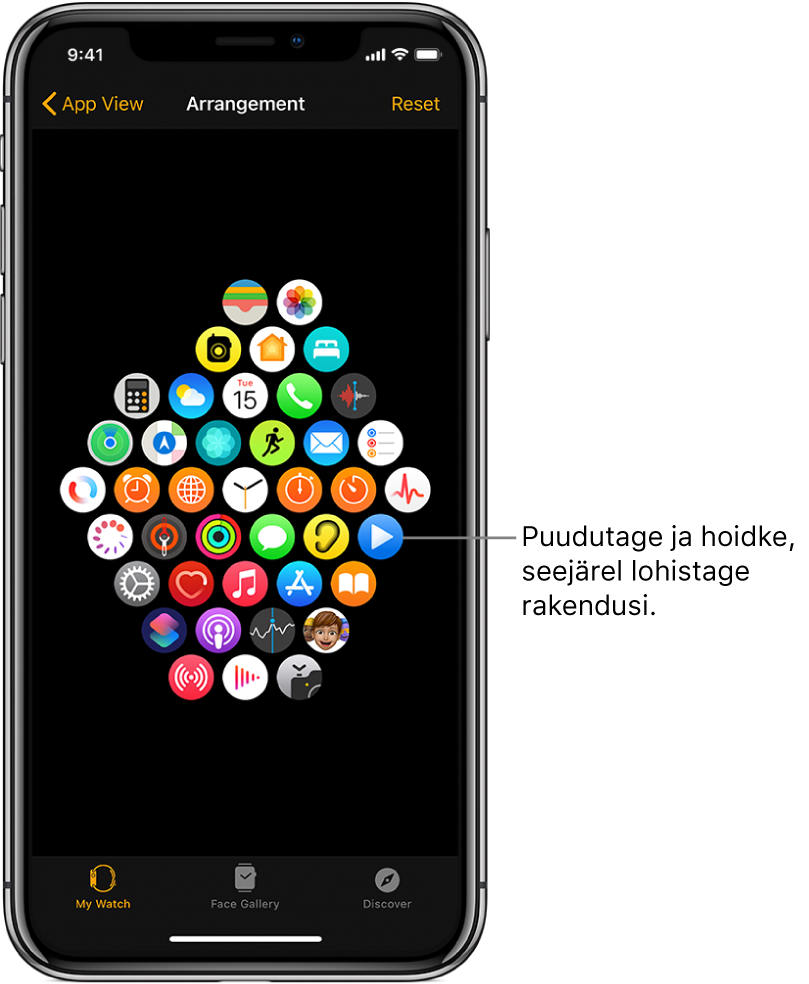 Apple Watchi kuva Arrangement ikoonide võrgustikuga.
