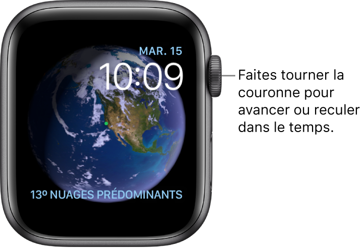 Cadran Astronomie, qui montre le jour, la date et l’heure. Une complication Météo se trouve en bas à droite. Faites tourner la Digital Crown pour avancer ou reculer dans le temps.