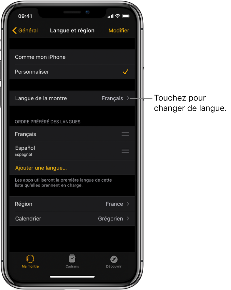 L’écran Langue et région de l’app Apple Watch, affichant le réglage Langue de la montre vers le haut de l’écran.