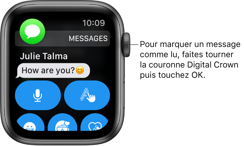 Notification de message, avec l’icône Messages en haut à gauche et le message en dessous.