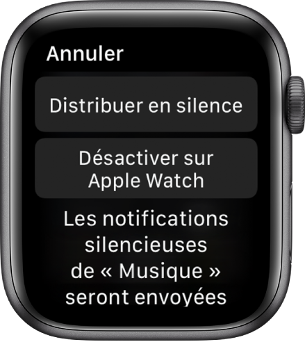 Réglages de notification sur l’Apple Watch. Le bouton supérieur affiche « Distribuer en silence » et celui en dessous : « Désactiver sur l’Apple Watch. »