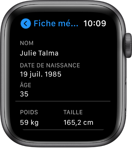 L’écran « Fiche médicale » affichant le nom de l’utilisateur, sa date de naissance, son âge, son poids et sa taille.
