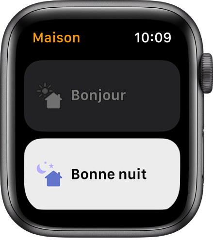 App Maison sur l’Apple Watch affichant deux scènes : Bonjour et Bonne nuit. « Bonne nuit » est mis en surbrillance.