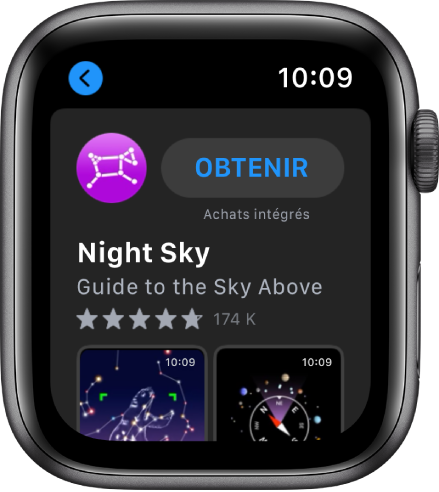 Apple Watch montrant l’app App Store. Un champ de recherche s’affiche vers le haut de l’écran avec une collection d’apps en dessous.