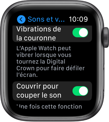 L’écran Vibrations de la couronne, avec le bouton Vibrations de la couronne en position « activé ». Le bouton « Couvrir pour couper le son » est en dessous.