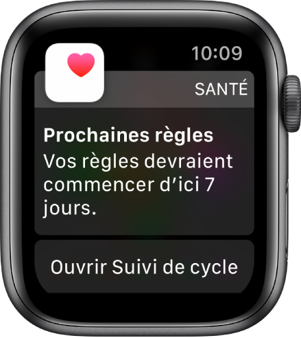 Apple Watch montrant un écran de prédiction de cycle indiquant « Prochaines règles. Vos règles devraient commencer d’ici 7 jours. » Un bouton « Ouvrir Suivi de cycle » s’affiche en bas de l’écran.