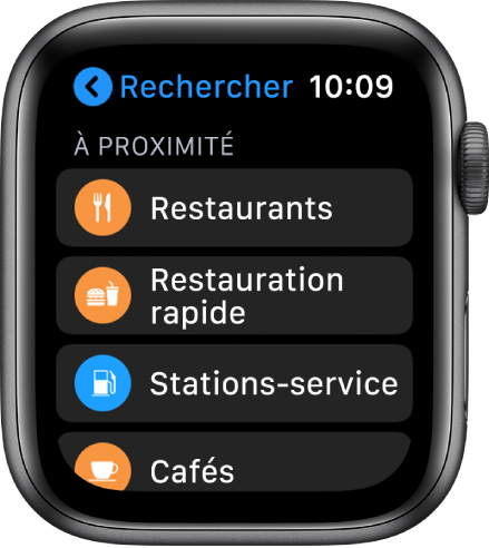 App Plans avec une liste de catégories : Restaurants, Fast Food, Stations-service, Café et bien plus.