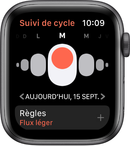Écran « Suivi de cycle » montrant les jours de la semaine en haut, la date actuelle en dessous et le bouton Règles en bas.