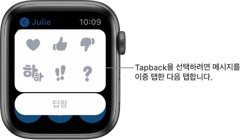 하트, 엄지 올림, 엄지 내림, 하하, !!, ?와 같은 Tapback 옵션이 있는 메시지 대화. 아래에 답장 버튼이 있음.