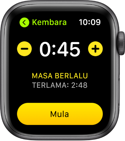 Skrin matlamat menunjukkan masa berhampiran bahagian atas, dengan butang - dan + di kedua-dua sisi dan butang Mula di bahagian bawah.