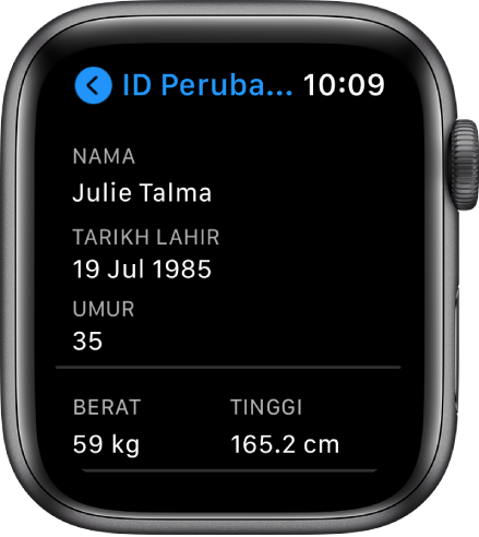 Skrin ID Perubatan menunjukkan nama, tarikh lahir, umur, berat dan tinggi pengguna.