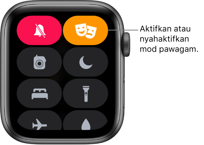 Pusat Kawalan dengan butang mod pawagam dan mod senyap diserlahkan untuk menunjukkan mod pawagam diaktifkan.