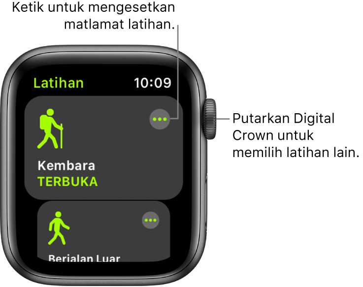 Skrin Latihan dengan latihan Kembara diserlahkan. Butang Lagi berada di bahagian kanan atas. Sebahagian daripada latihan Berjalan Luar di bawah.