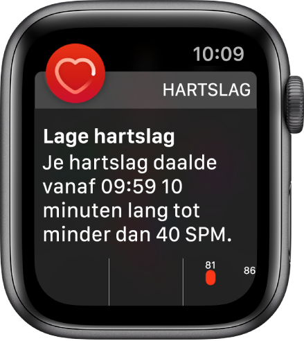 Het scherm 'Hartslagwaarschuwing' met de melding dat er een lage hartslag is gedetecteerd.