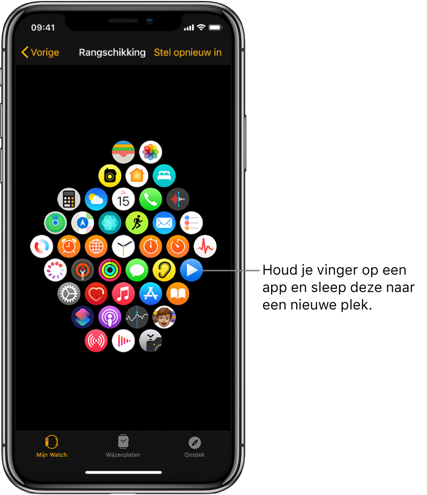 Het scherm 'Rangschikking' in de Apple Watch-app toont een raster met apps.