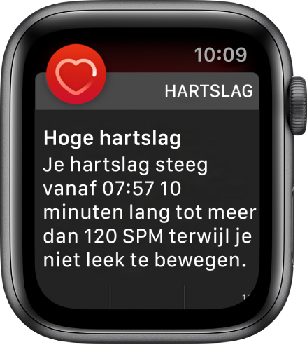 Het scherm 'Hoge hartslag' met een melding dat je hartslag boven de 120 slagen per minuut is gebleven terwijl je 10 minuten lang niet hebt bewogen.