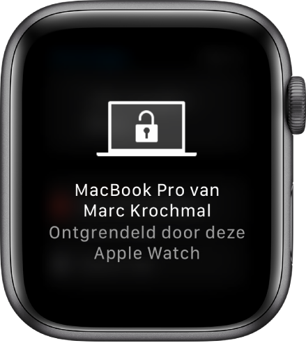 Apple Watch-scherm met de melding dat de Apple Watch Marc Krochmals MacBook Pro heeft ontgrendeld.