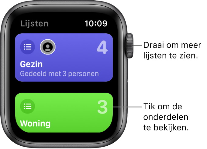 Het Lijst-scherm in de Herinneringen-app met twee lijstknoppen: 'Familie' en 'Thuis'. Grote cijfers geven aan hoeveel herinneringen er in elke lijst staan. Op de knop 'Familie' staat de tekst "Gedeeld met 3 personen". Tik op een lijst om de onderdelen in de lijst te bekijken of draai de Digital Crown om meer lijsten weer te geven.