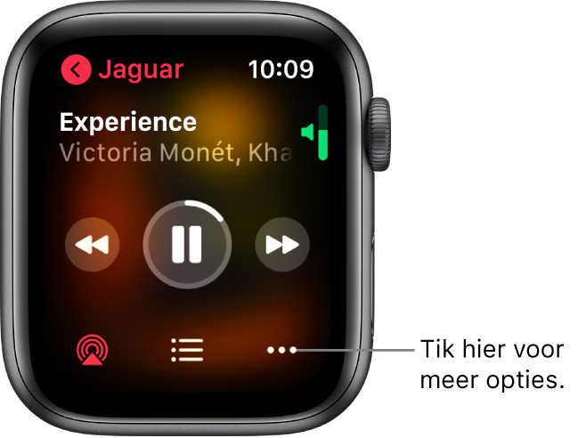 Het Huidige-scherm in de Muziek-app. Linksbovenin staat de naam van het album. Bovenin zie je de titel van het nummer en de artiest, in het midden de afspeelregelaars en onderin knoppen voor AirPlay, de tracklijst en opties.