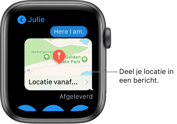 Berichten-scherm met een kaart waarop te zien is waar de afzender zich bevindt.