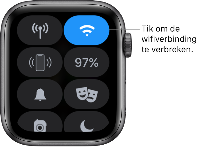 Het bedieningspaneel op de Apple Watch (GPS + Cellular), met rechtsboven de wifiknop. Het bijschrift luidt: "Tik om de wifiverbinding te verbreken."