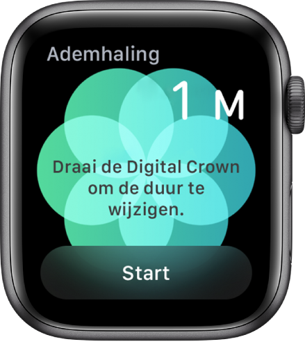 Het scherm van de Ademhaling-app met rechtsboven een duur van één minuut en onderin de knop 'Start'.