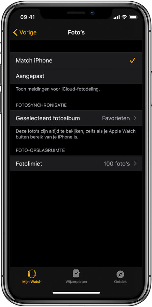 Instellingen voor Foto's in de Apple Watch-app op de iPhone, met in het midden de instelling 'Fotosynchronisatie' en daaronder de instelling 'Fotolimiet'.