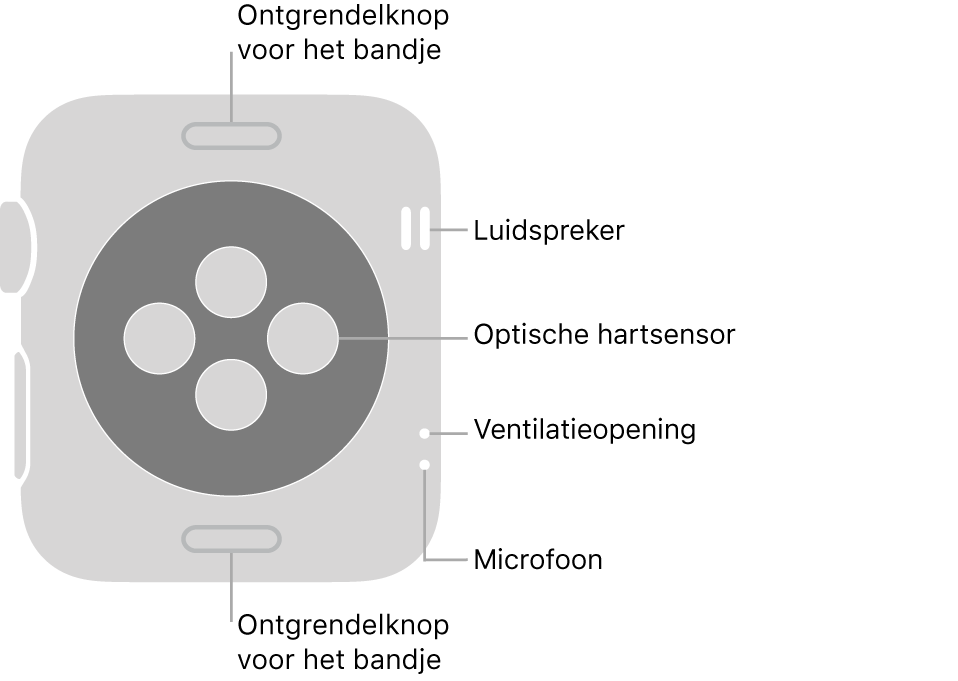 De achterkant van de Apple Watch Series 3, met aan de boven- en onderkant de ontgrendelknoppen van het bandje, in het midden de optische hartsensoren en aan de zijkant, van boven naar beneden, de luidspreker, ventilatieopeningen en microfoon.