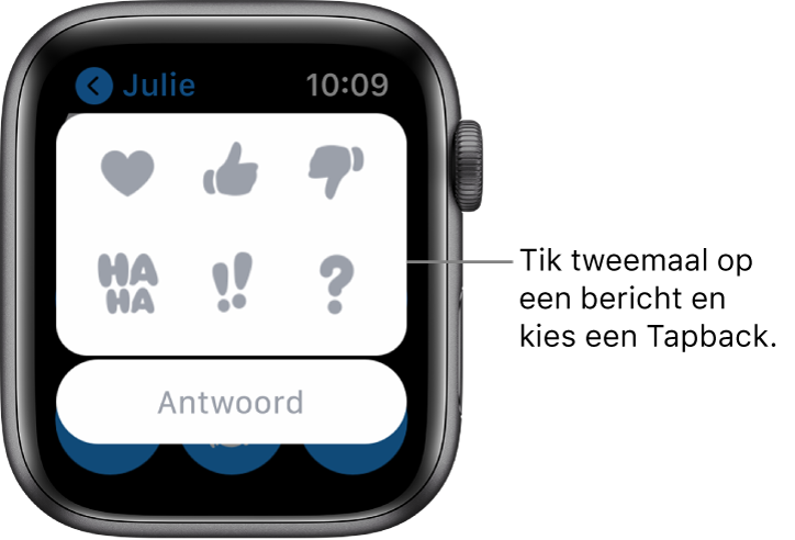Een gesprek in Berichten met tapback-opties: hartje, duim omhoog, duim omlaag, Ha Ha, !! en ?. Onderin bevindt zich een antwoordknop.