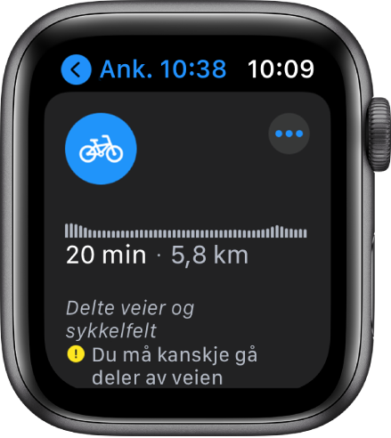 Kart-skjermen som viser en oversikt over veibeskrivelser på sykkel, inkludert endringer i stigning, estimert reisetid og distanse.