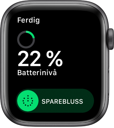 Sparebluss-skjermen, som viser Ferdig-knappen oppe til venstre, batteristatus og Sparebluss-skyveknappen.