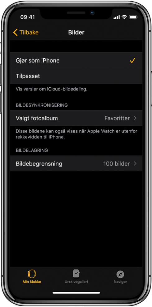 Bilder-innstillinger i Apple Watch-appen på iPhone, med Bildesynkronisering-innstillingen i midten og Bildebegrensning-innstillingen under.