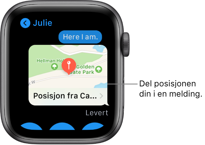 Meldinger-skjerm som viser et kart over avsenderens posisjon.